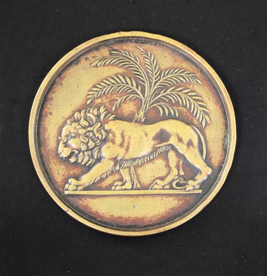 India, Opening of the Bombay Mint, 1828, a bronze medal with lion and palm tree design after Flaxman